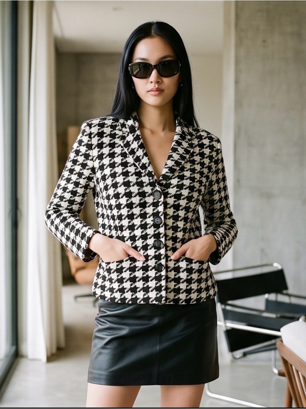 Stunning St John Tweed Boucle Houndstooth Black And White Jacket Sz8 $1498